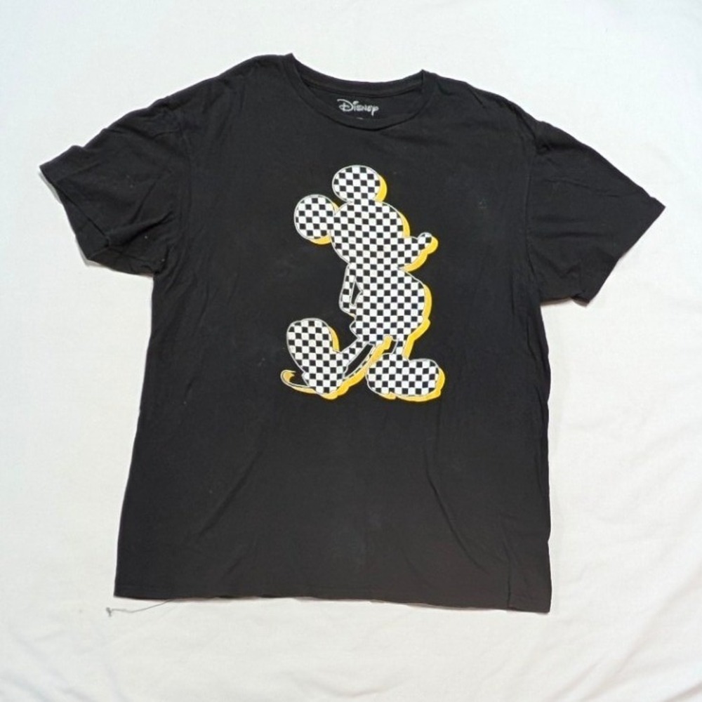 Disney Mickey Mouse Checkerboard Graphic T-Shirt Black Short Sleeve Crewneck